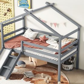 Twin Low Loft House Bed with Slide, Ladder, Safety Guardrails