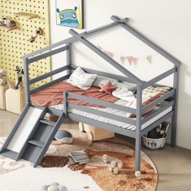 Twin Low Loft House Bed with Slide, Ladder, Safety Guardrails