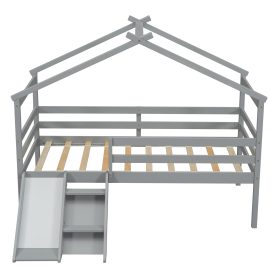 Twin Low Loft House Bed with Slide, Ladder, Safety Guardrails