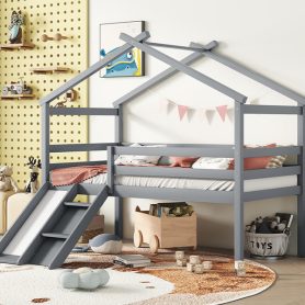 Twin Low Loft House Bed with Slide, Ladder, Safety Guardrails
