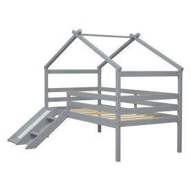 Twin Low Loft House Bed with Slide, Ladder, Safety Guardrails