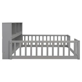 Full Size Floor Bed With Bedside Bookcase, Shelves and Guardrails