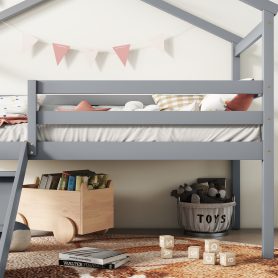 Twin Low Loft House Bed with Slide, Ladder, Safety Guardrails