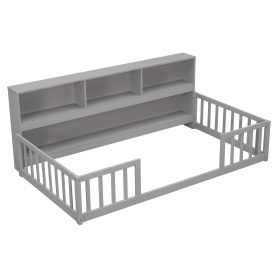 Twin Size Floor Bed With  Bedside Bookcase, Shelves and Guardrails