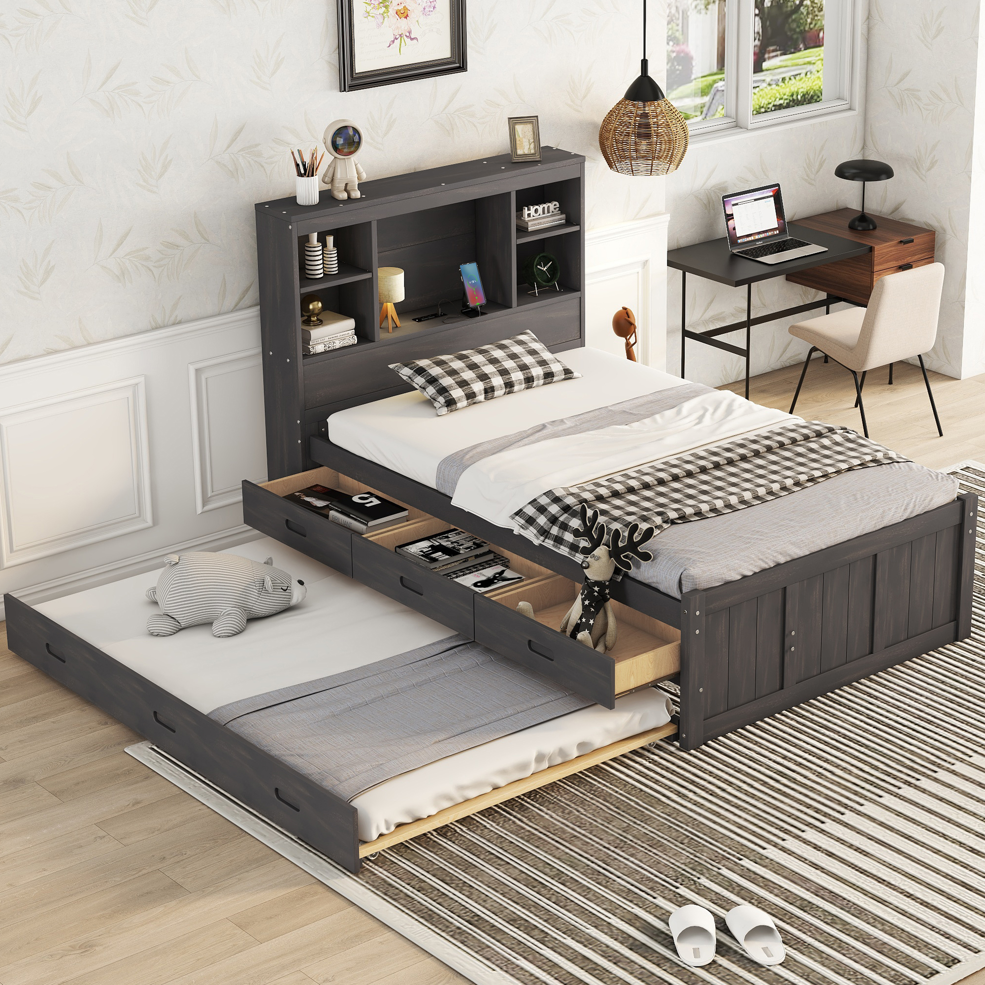Twin Size Platform Bed with Storage Headboard, Charging Station, Twin Size Trundle and 3 Drawers