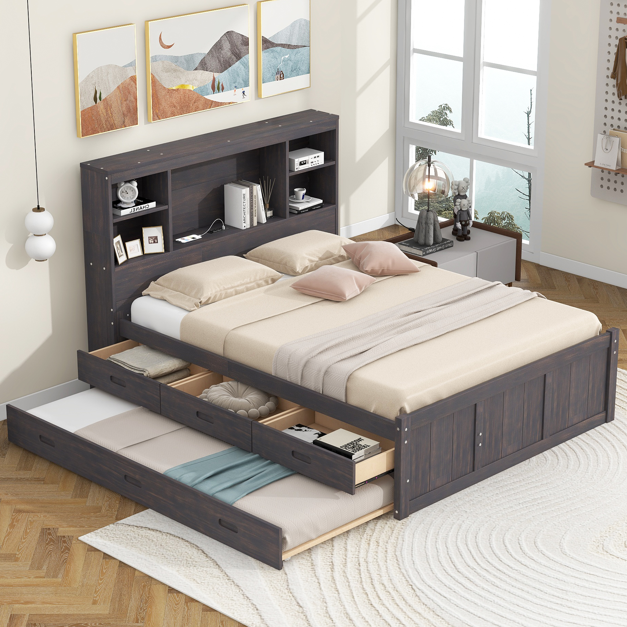 Full Size Platform Bed with Storage Headboard, Charging Station, Twin Size Trundle and 3 Drawers