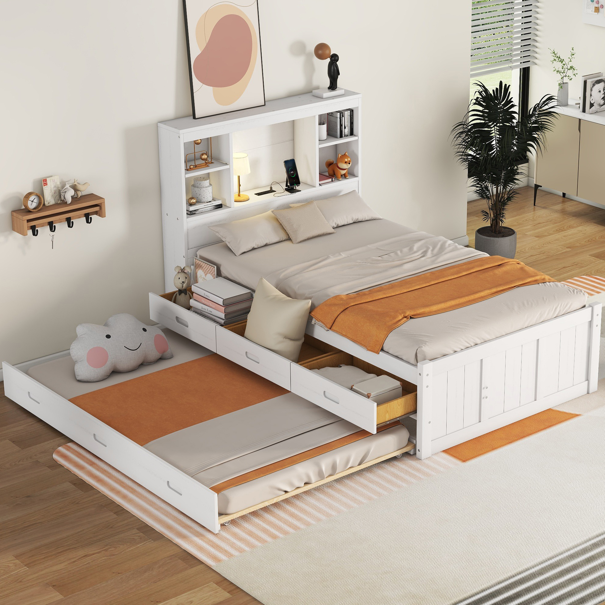 Twin Size Platform Bed with Storage Headboard, Charging Station, Twin Size Trundle and 3 Drawers