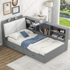 Wood Twin Size Platform bed with Storage Headboard, Shelves and 2 Drawers