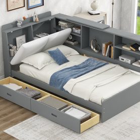 Wood Twin Size Platform bed with Storage Headboard, Shelves and 2 Drawers