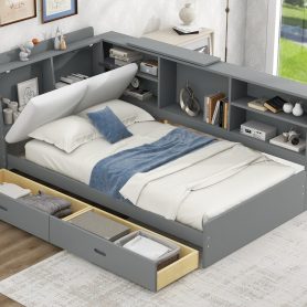 Wood Twin Size Platform bed with Storage Headboard, Shelves and 2 Drawers