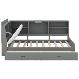 Wood Twin Size Platform bed with Storage Headboard, Shelves and 2 Drawers