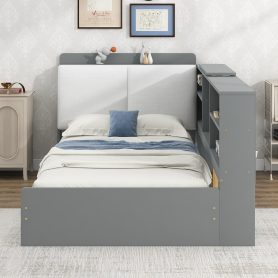 Wood Twin Size Platform bed with Storage Headboard, Shelves and 2 Drawers