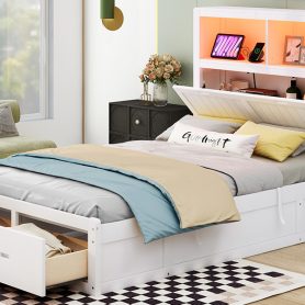 Wood Full Size Hydraulic Platform Bed with Storage LED Headboard, Charging Station and 2 Drawers