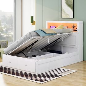 Wood Full Size Hydraulic Platform Bed with Storage LED Headboard, Charging Station and 2 Drawers