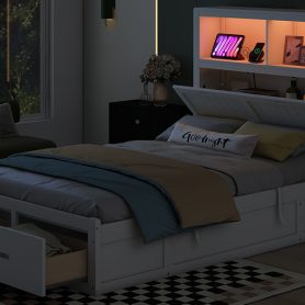 Wood Full Size Hydraulic Platform Bed with Storage LED Headboard, Charging Station and 2 Drawers