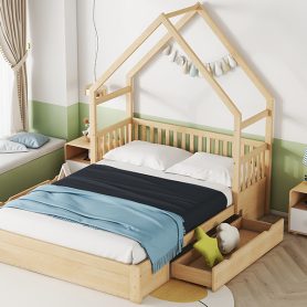 Wood Queen Size House Platform Bed with Guardrail and 2 Drawers