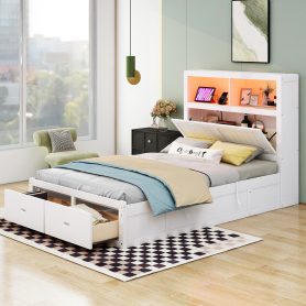 Wood Full Size Hydraulic Platform Bed with Storage LED Headboard, Charging Station and 2 Drawers