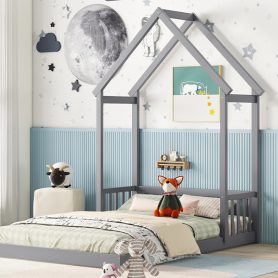 Full Roof-framed Headboard Floor Bed With Headboard Guardrails, Without Slats