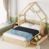 Wood Queen Size House Platform Bed with Guardrail and 2 Drawers
