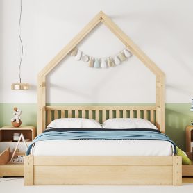 Wood Queen Size House Platform Bed with Guardrail and 2 Drawers