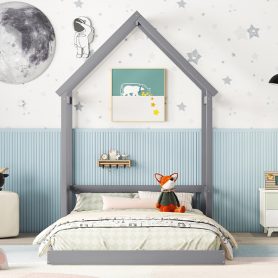 Full Roof-framed Headboard Floor Bed With Headboard Guardrails, Without Slats