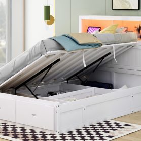 Wood Full Size Hydraulic Platform Bed with Storage LED Headboard, Charging Station and 2 Drawers