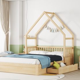 Wood Queen Size House Platform Bed with Guardrail and 2 Drawers