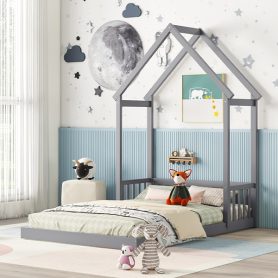 Full Roof-framed Headboard Floor Bed With Headboard Guardrails, Without Slats