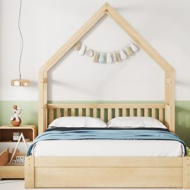 Wood Queen Size House Platform Bed with Guardrail and 2 Drawers