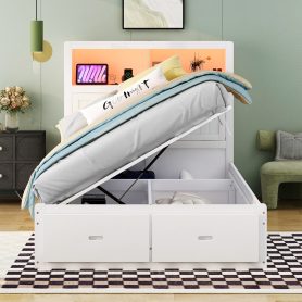 Wood Full Size Hydraulic Platform Bed with Storage LED Headboard, Charging Station and 2 Drawers