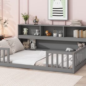Full Size Floor Bed With Bedside Bookcase, Shelves and Guardrails