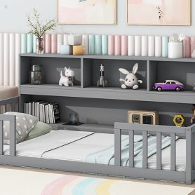 Twin Size Floor Bed With  Bedside Bookcase, Shelves and Guardrails