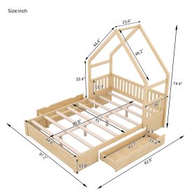 Wood Queen Size House Platform Bed with Guardrail and 2 Drawers