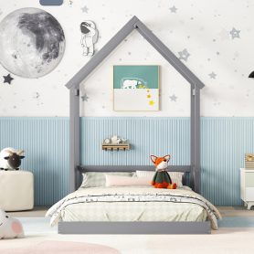 Full Roof-framed Headboard Floor Bed With Headboard Guardrails, Without Slats