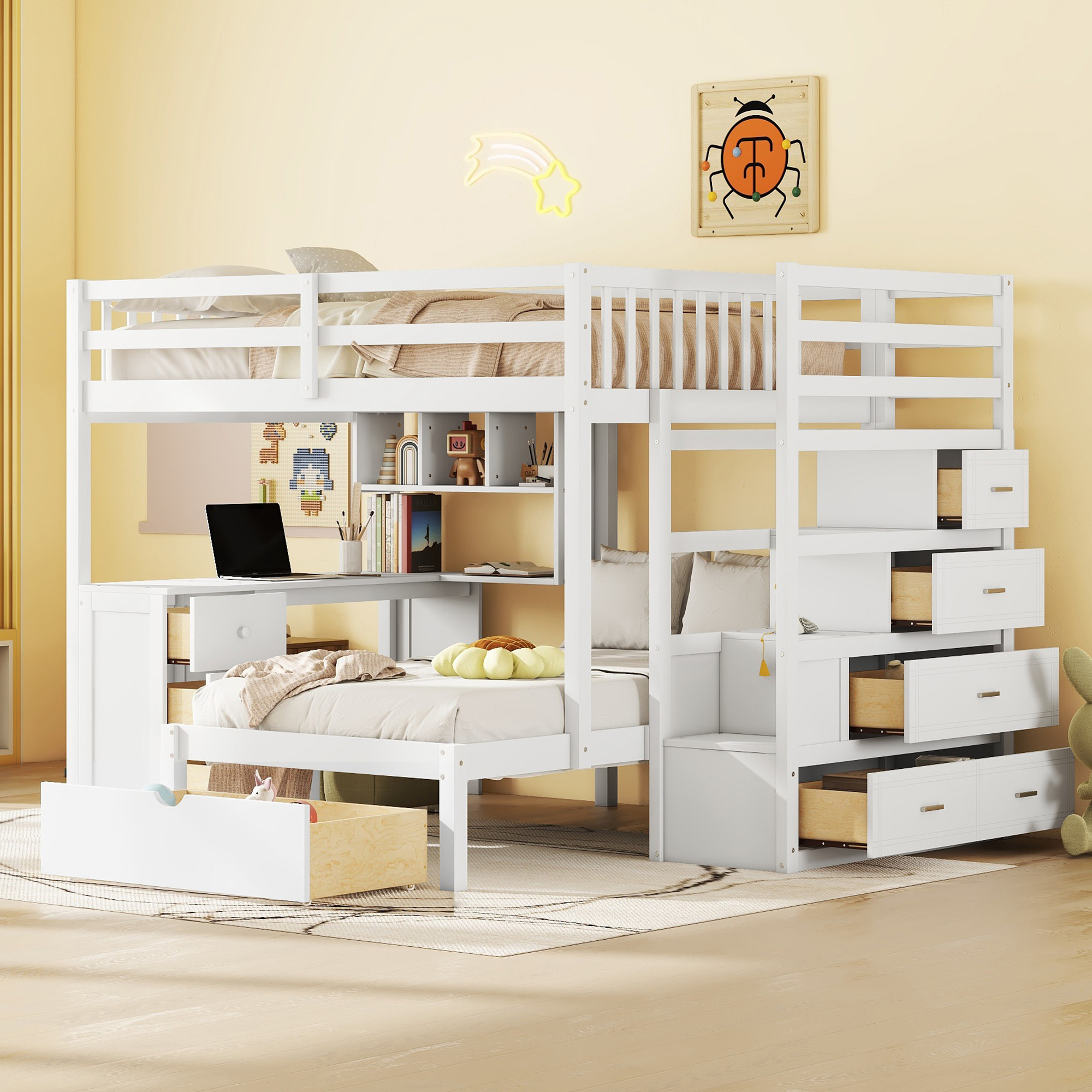Full Over Twin Bunk Bed With Desk, Drawers And Shelves
