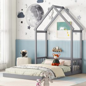 Full Roof-framed Headboard Floor Bed With Headboard Guardrails, Without Slats