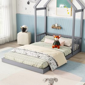 Full Roof-framed Headboard Floor Bed With Headboard Guardrails, Without Slats