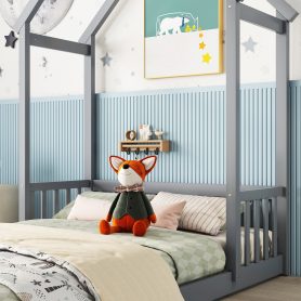 Full Roof-framed Headboard Floor Bed With Headboard Guardrails, Without Slats