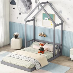 Full Roof-framed Headboard Floor Bed With Headboard Guardrails, Without Slats