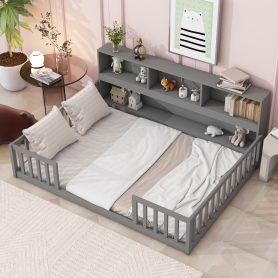 Full Size Floor Bed With Bedside Bookcase, Shelves and Guardrails