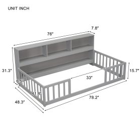 Twin Size Floor Bed With  Bedside Bookcase, Shelves and Guardrails