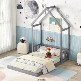 Full Roof-framed Headboard Floor Bed With Headboard Guardrails, Without Slats