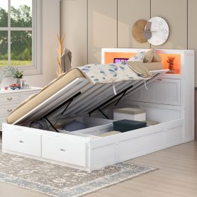 Wood Queen Size Hydraulic Platform Bed with Storage LED Headboard, Charging Station and 2 Drawers