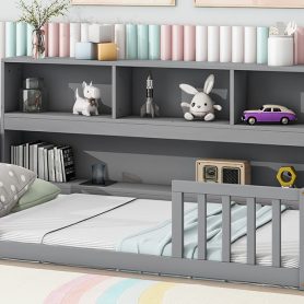 Twin Size Floor Bed With  Bedside Bookcase, Shelves and Guardrails