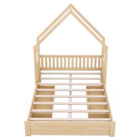 Wood Queen Size House Platform Bed with Guardrail and 2 Drawers
