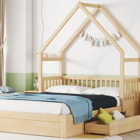 Wood Queen Size House Platform Bed with Guardrail and 2 Drawers