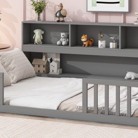 Full Size Floor Bed With Bedside Bookcase, Shelves and Guardrails