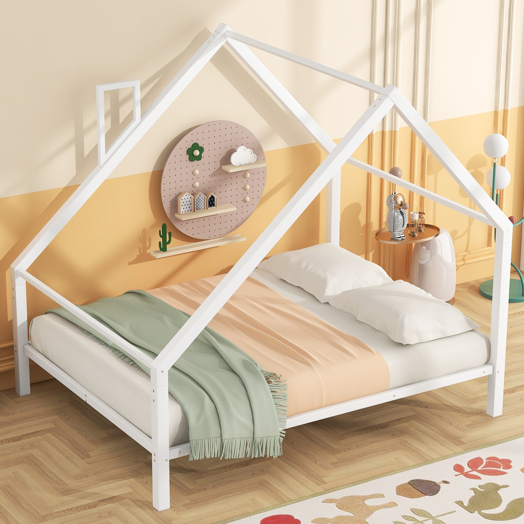 Full Size Metal House Platform Bed with Roof and Chimney