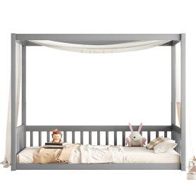 Twin Size Canopy Frame Floor Bed with Fence, Guardrails