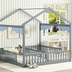 Double Twin House-style Floor Bed With Fence and Guardrails, Without Door 47 Double Twin House-Style Floor Bed With Fence, Guardrails, Without Door